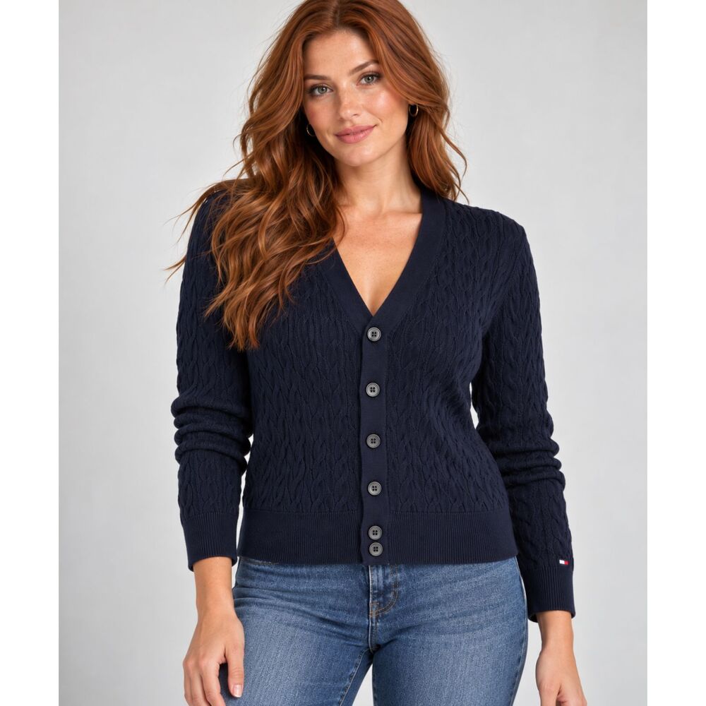 Tommy Hilfiger Navy Cable Knit Sleeve Cardigan Preppy Old Money S